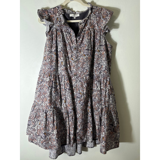 Moodie Brown Paisley and Floral Tiered Flutter Sleeve Dress Sz M