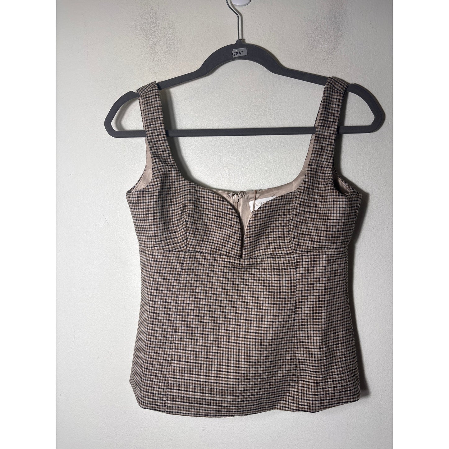 NWT Meshki Tan and Black Check Back Zip Top Sz M
