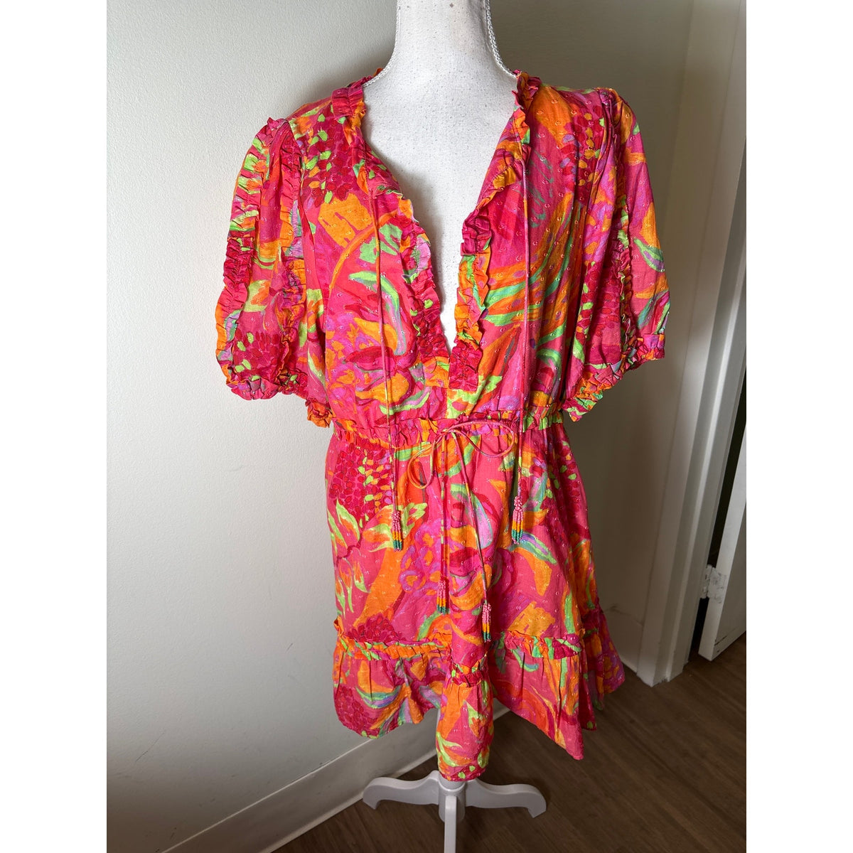 Farm Rio Dark Pink Abstract Short Sleeve Knee Length dress Sz M