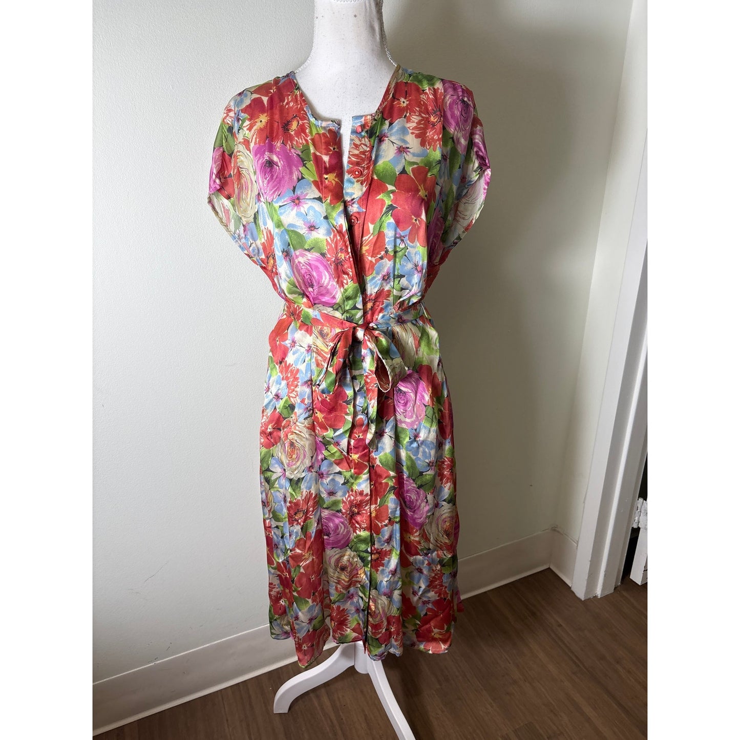 Frances Valentine Silky Pink and Green Floral Cap Sleeve Midi Belted Dress Sz S