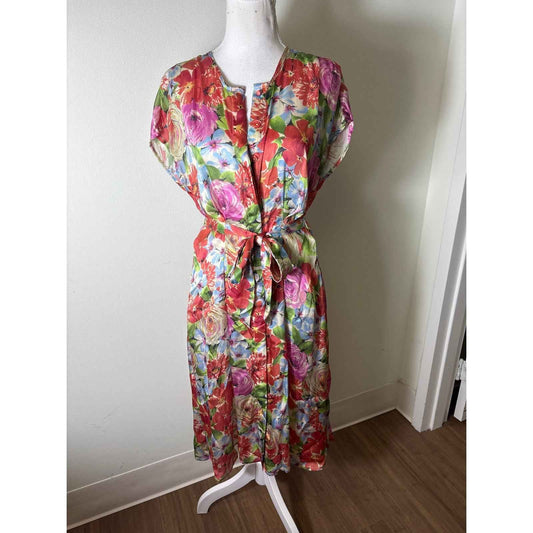 Frances Valentine Silky Pink and Green Floral Cap Sleeve Midi Belted Dress Sz S