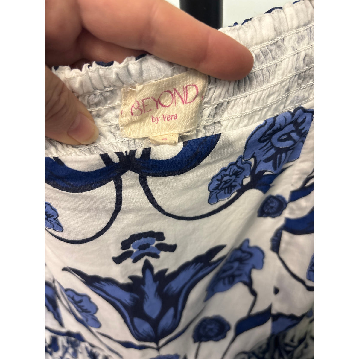 Beyond by Vera Blue and White Puff Sleeve Maxi Dress Sz S