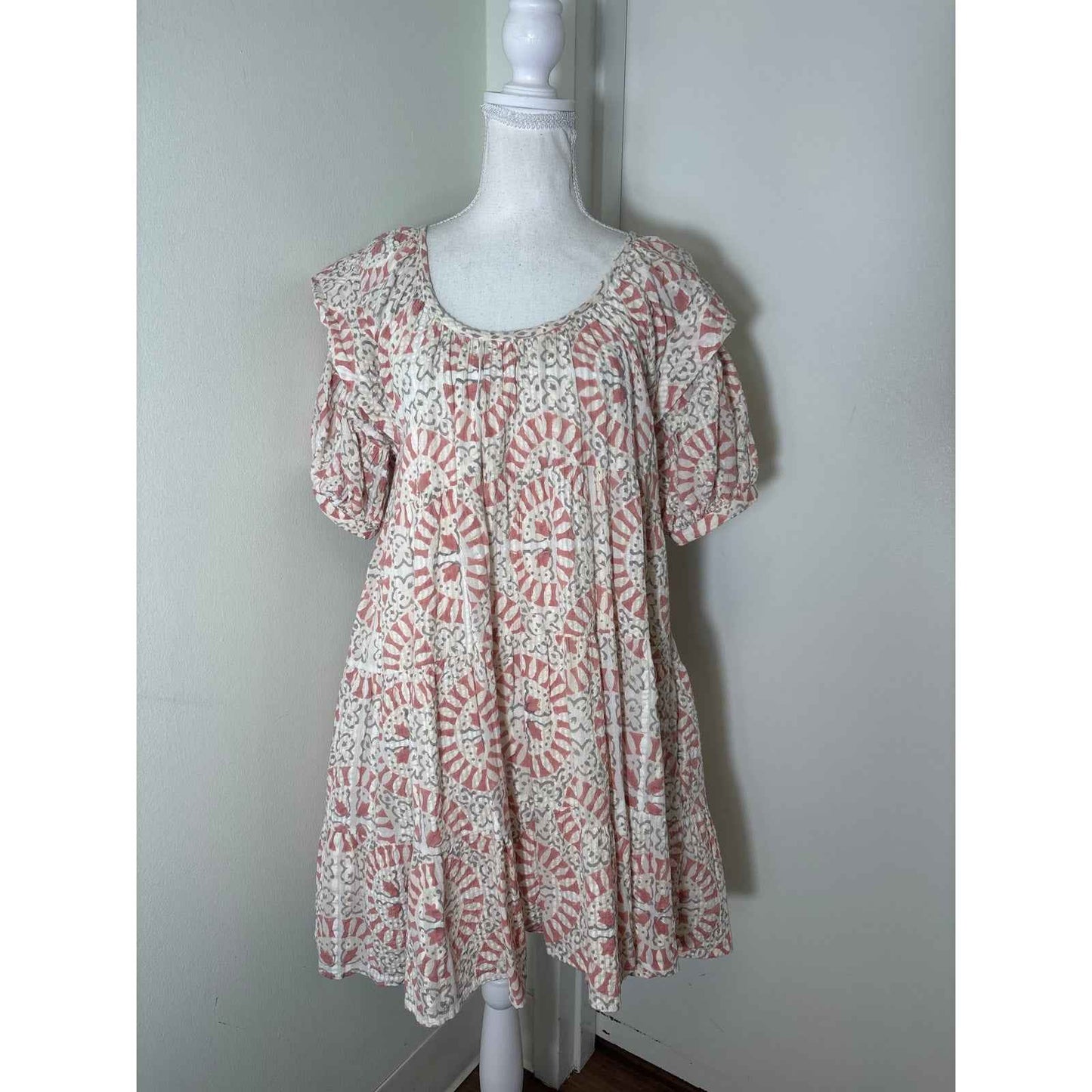 Cleobella Rose Gray Puff Sleeve Cotton Babydoll Dress Sz M