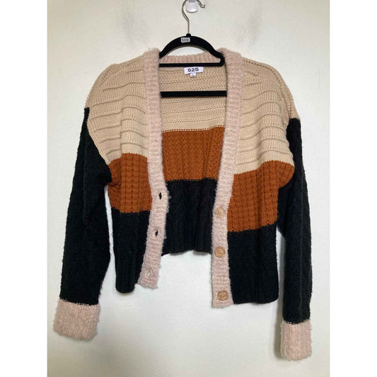 525 Black Tan Color Block Long Sleeve Crop Button Up Knit Cardigan Sz M
