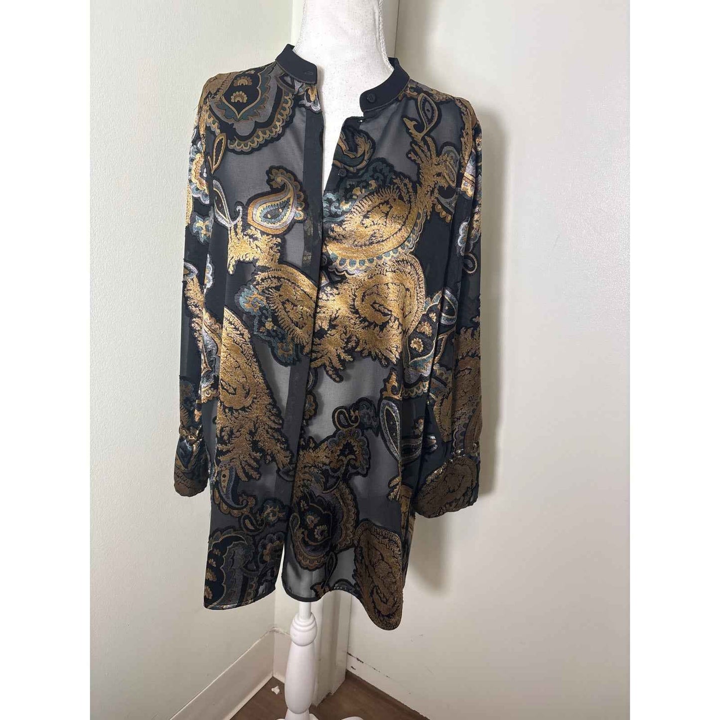 Lafayette 148 Black with Gold Paisly Sheer Blouse Sz L
