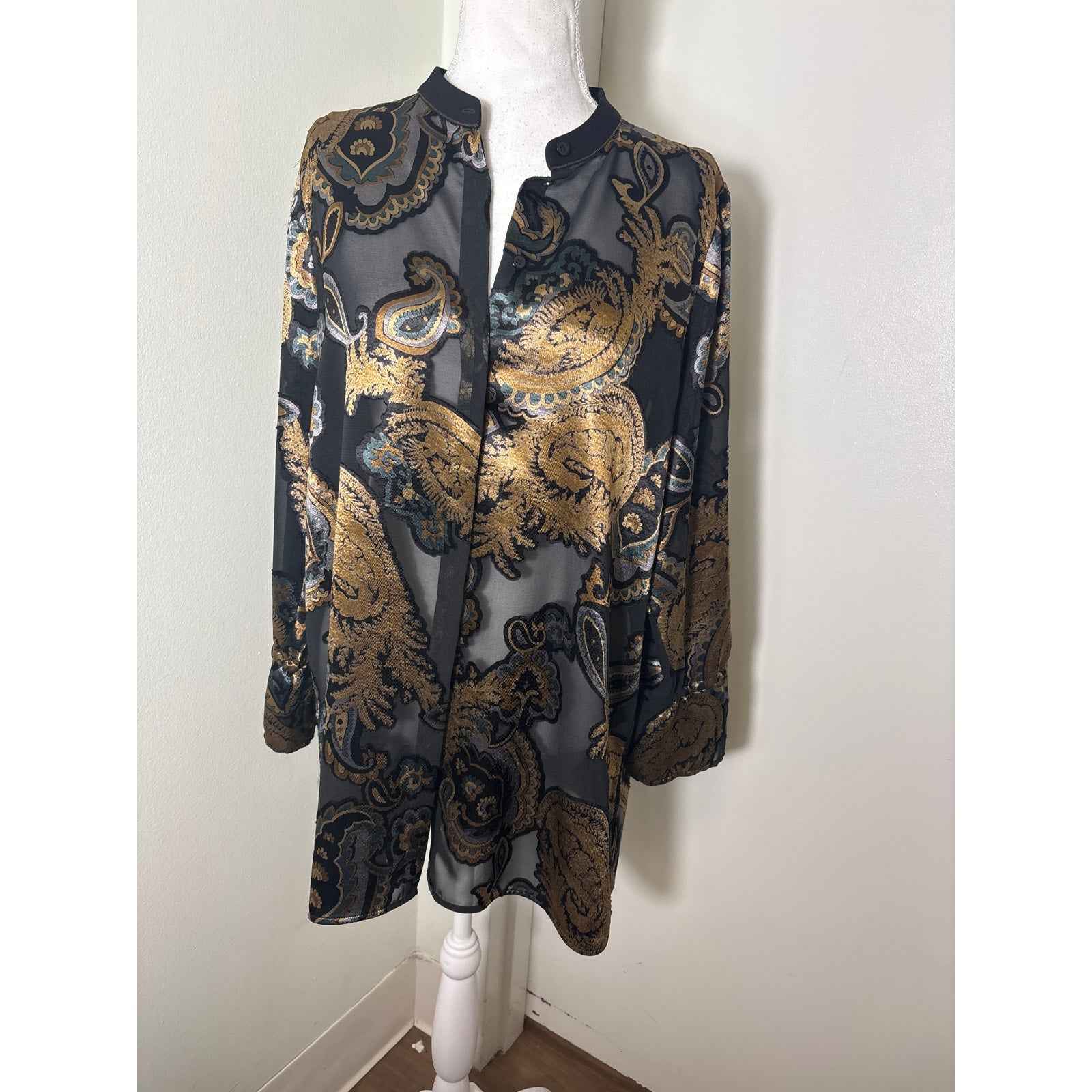 Lafayette 148 Black with Gold Paisly Sheer Blouse Sz L