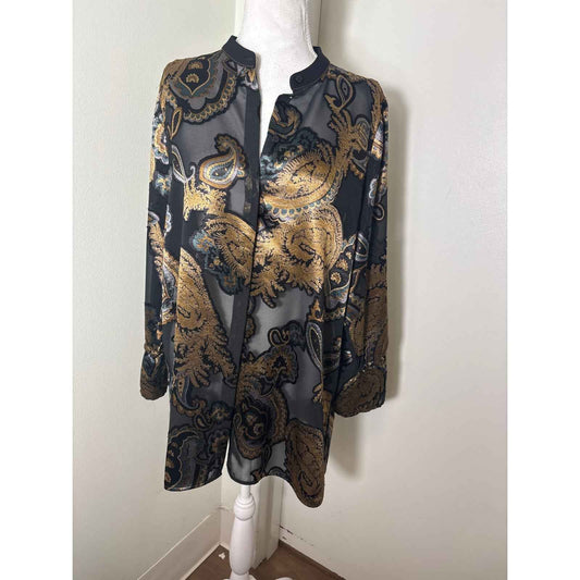 Lafayette 148 Black with Gold Paisly Sheer Blouse Sz L