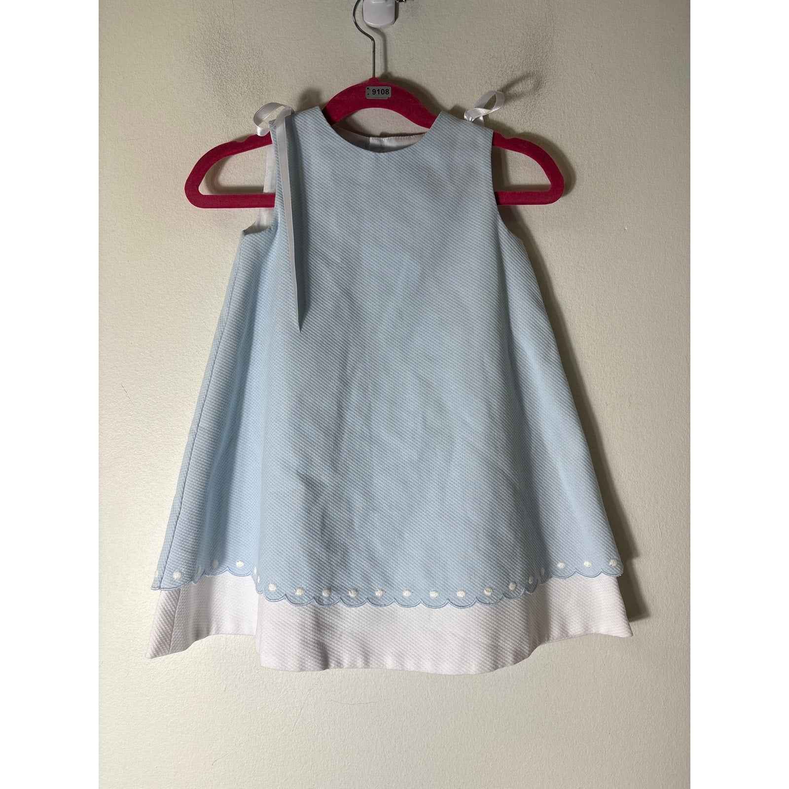 Girls Vintage Luli & Me light blue and white dress with scallop hem sz 18m