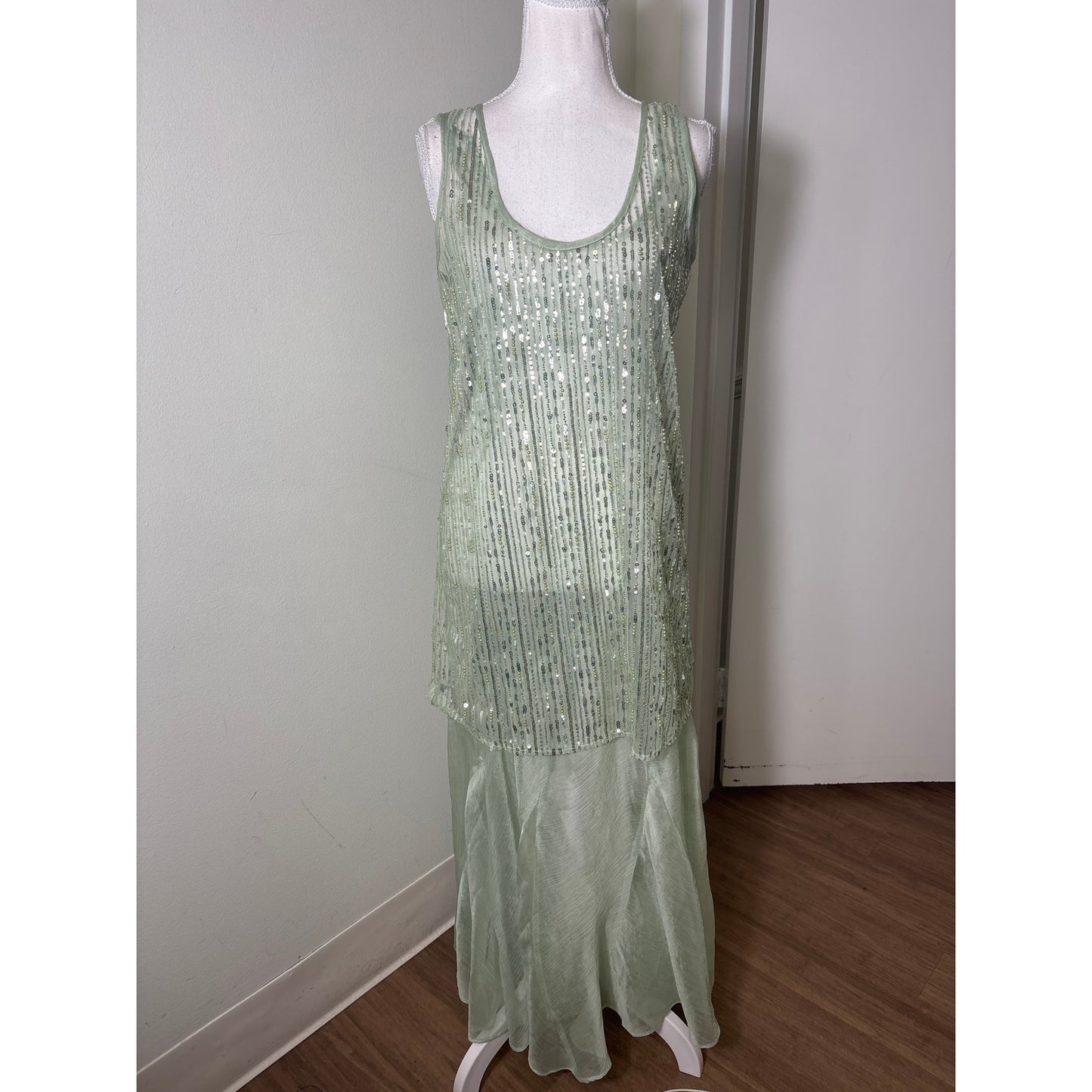 Endless Rose Sheer Light Green Sheer Sequin Overlay Maxi Dress Sz XS