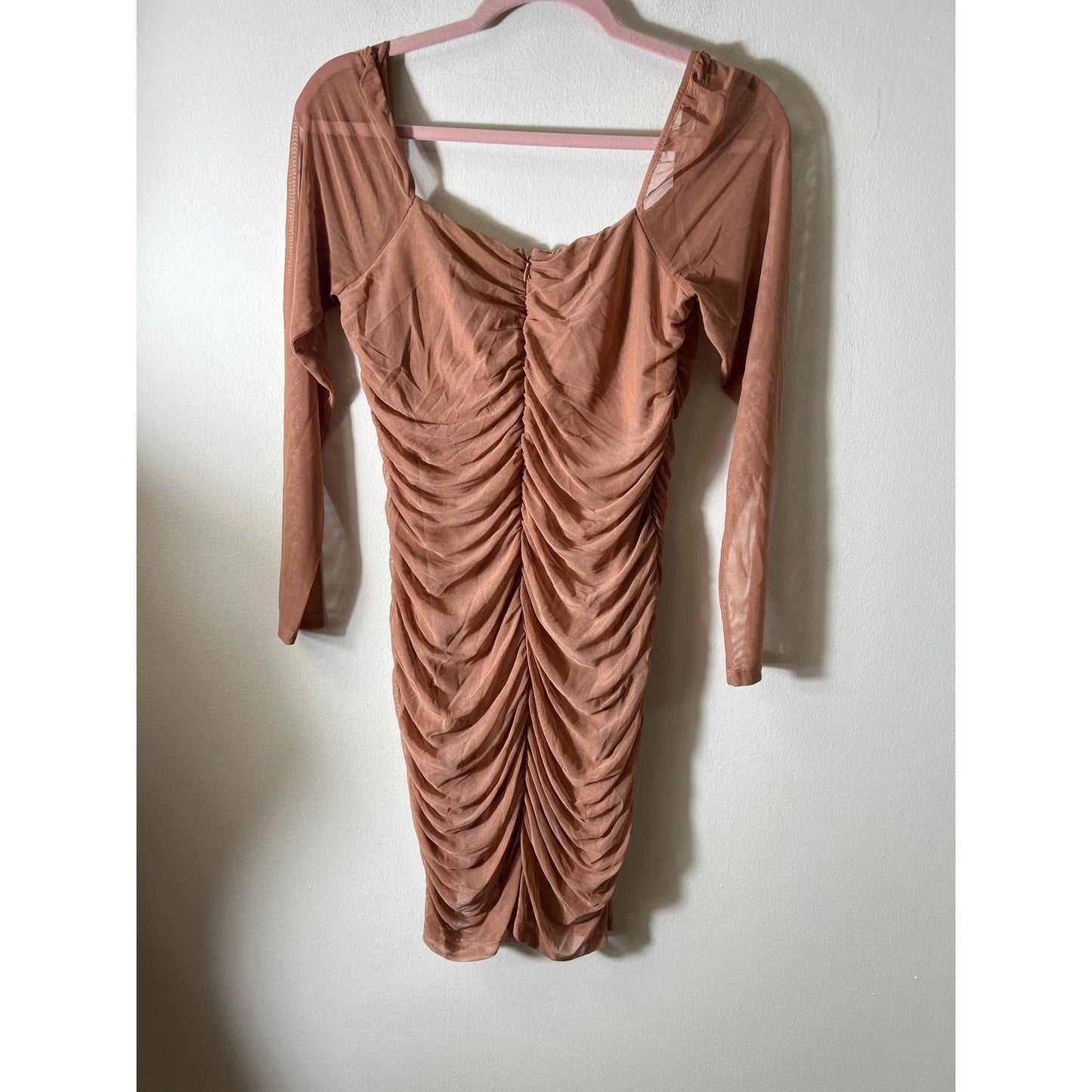NWT French Connection Pink/Tan "Toni" Meshed Rouched Dress Sz M