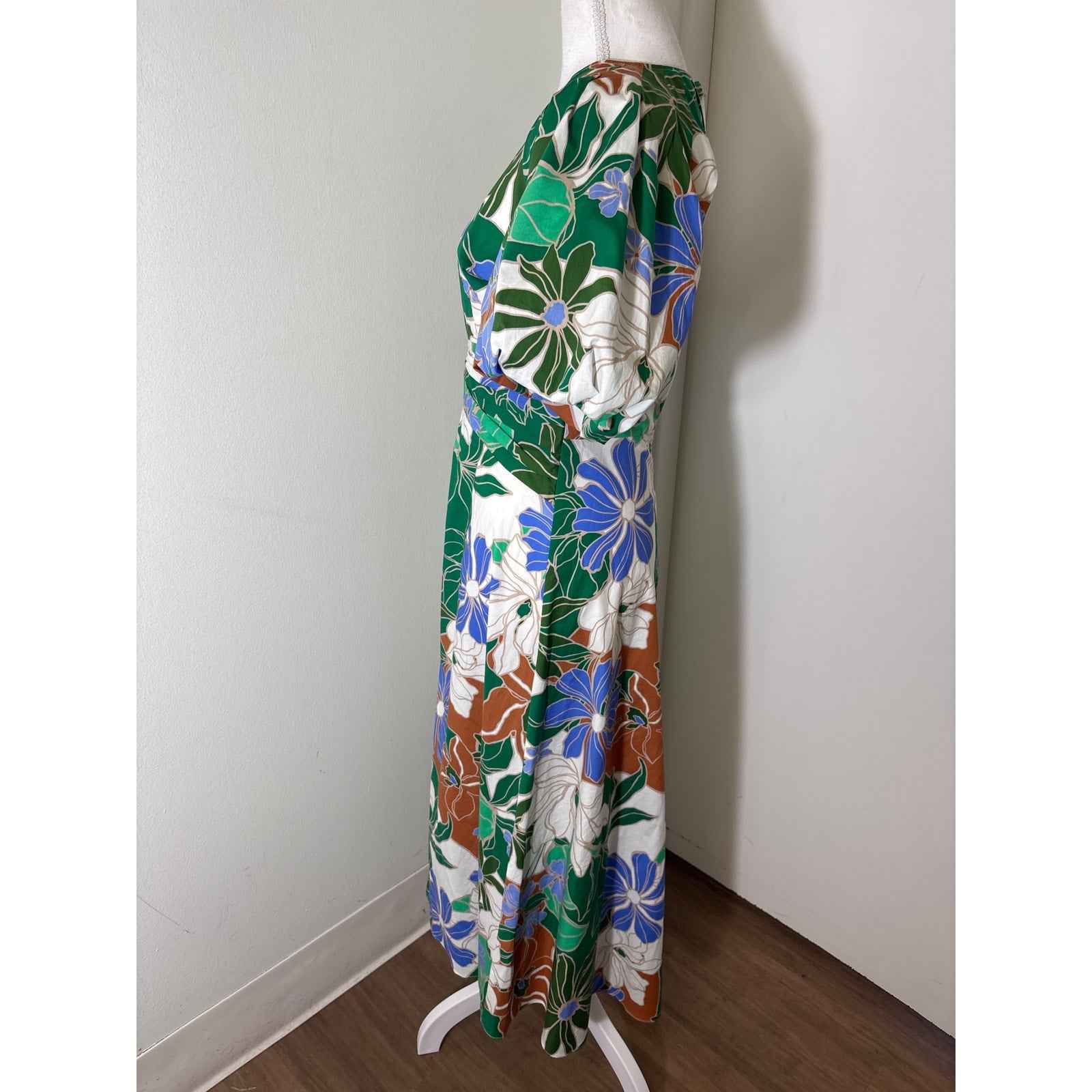Shoshanna Green Tropical Print Puff Sleeve Cotton V-Neck Maxi Dress Sz 4