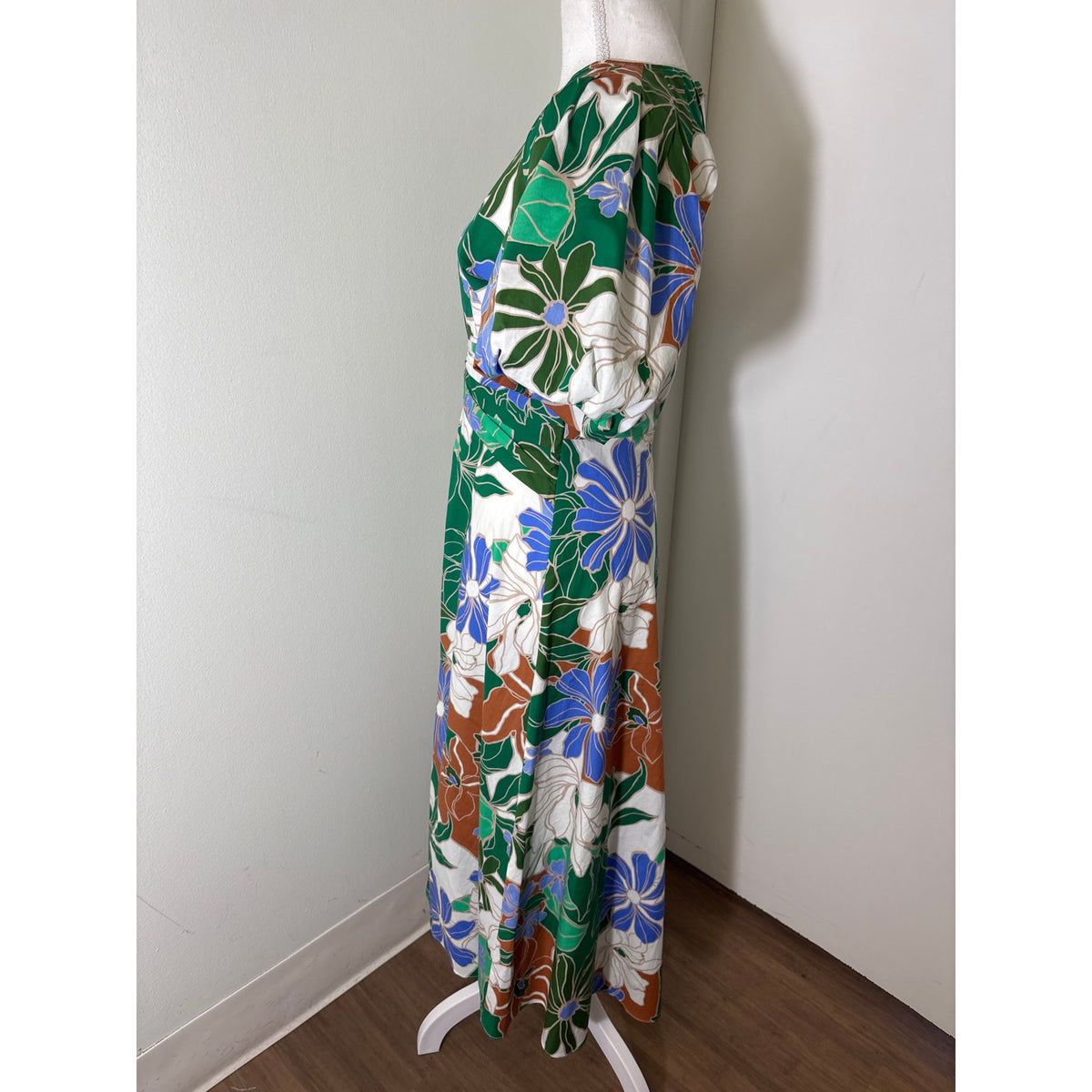 Shoshanna Green Tropical Print Puff Sleeve Cotton V-Neck Maxi Dress Sz 4