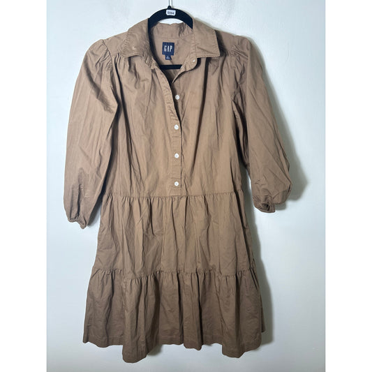 Gap Greenish Brown 3/4 Sleeve Button Up Tiered Knee Length Cotton Dress Sz S