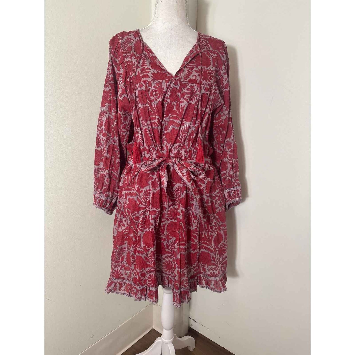 Cleobella Red Floral Block Print Mini Dress Sz L