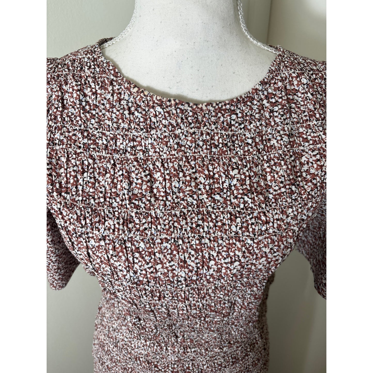 Apiece Apart Brown and White Floral Smocked Bodice Short Sleeve Maxi Dress Sz S