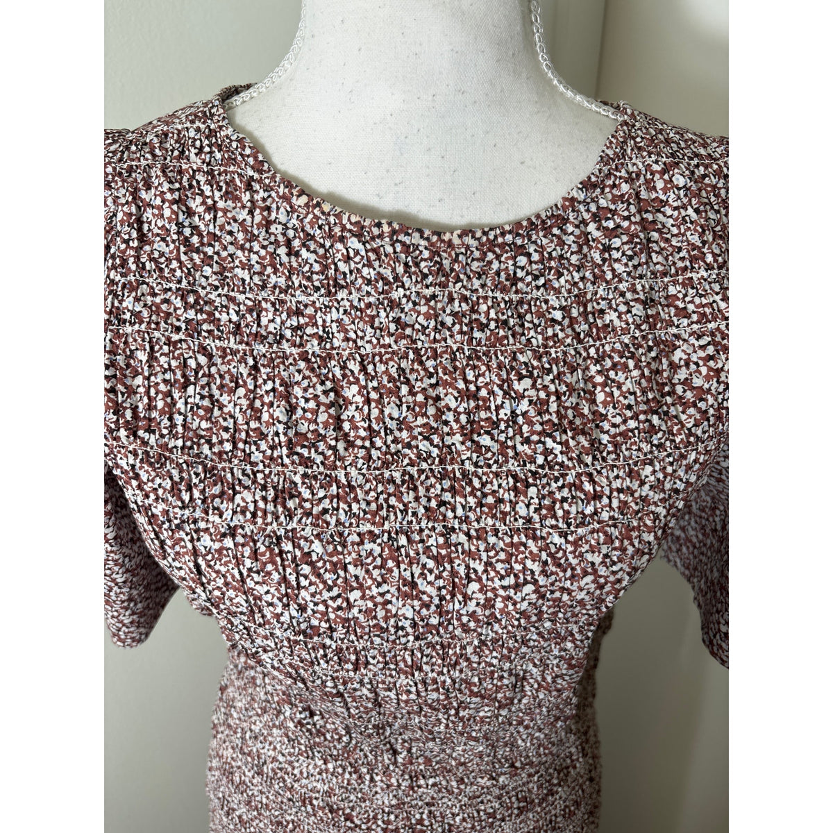 Apiece Apart Brown and White Floral Smocked Bodice Short Sleeve Maxi Dress Sz S