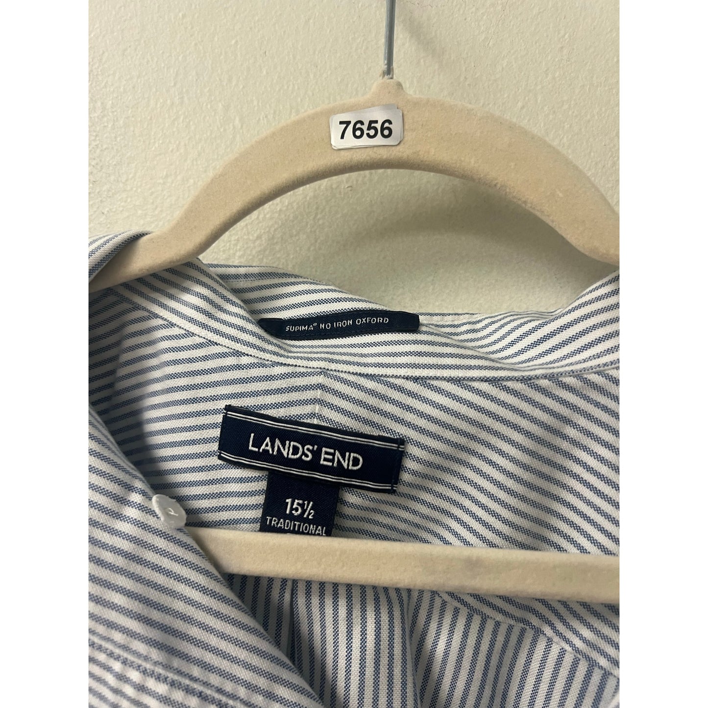 Land's End Mens Blue and White Stripe Short Sleeve Button Down Sz 15.5