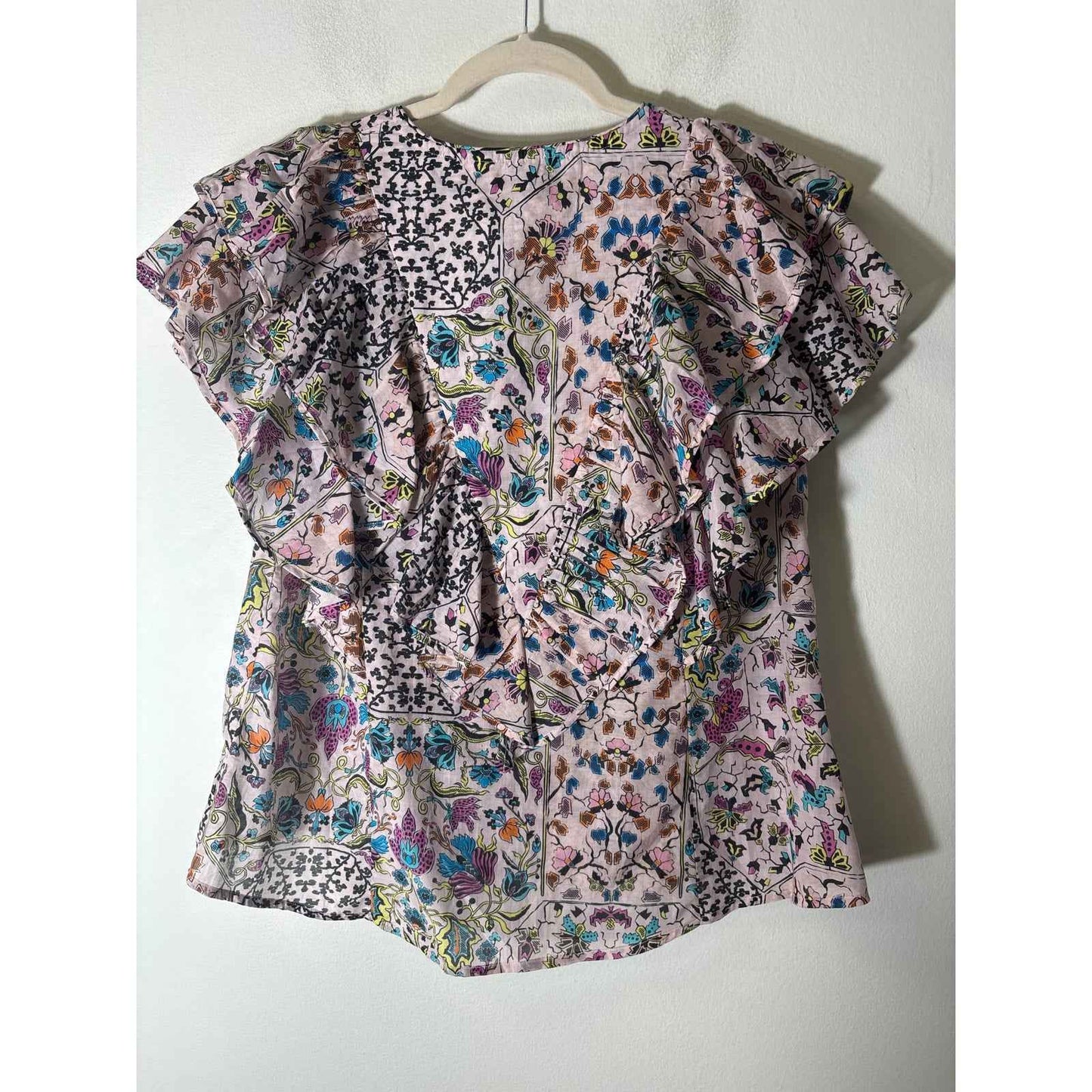 Mariacher Light Pink Print Flutter Sleeve Ruffle V-Neck Sz S