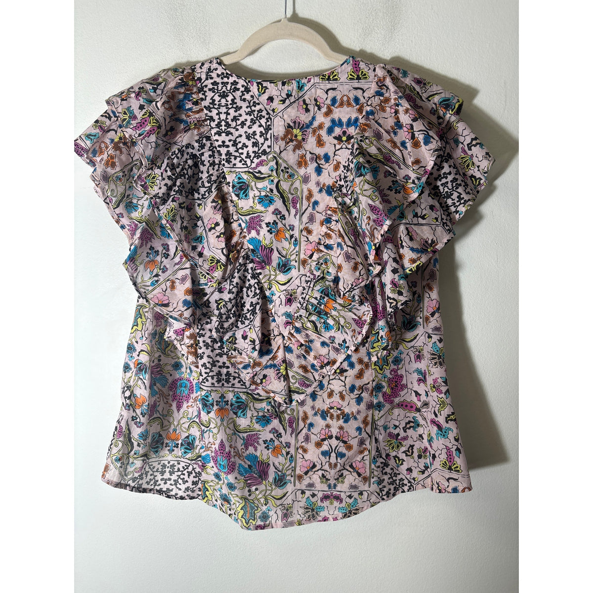 Mariacher Light Pink Print Flutter Sleeve Ruffle V-Neck Sz S