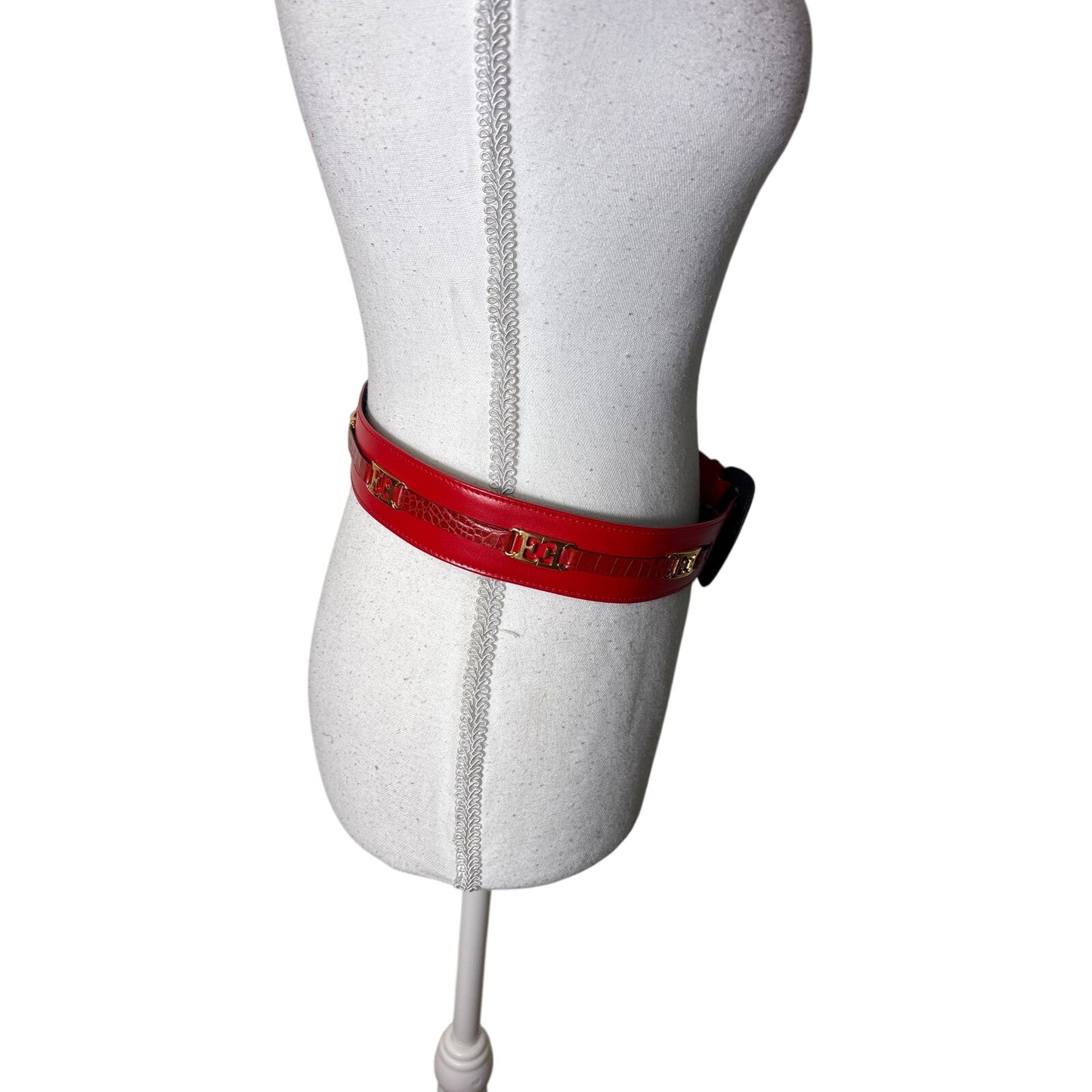 Vintage Escada Red Belt with Gold Metal "E" Logo 38"
