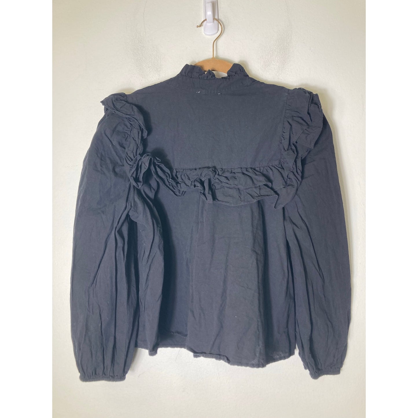 Day + Moon Black Cotton Square Ruffled Shirt Sz S