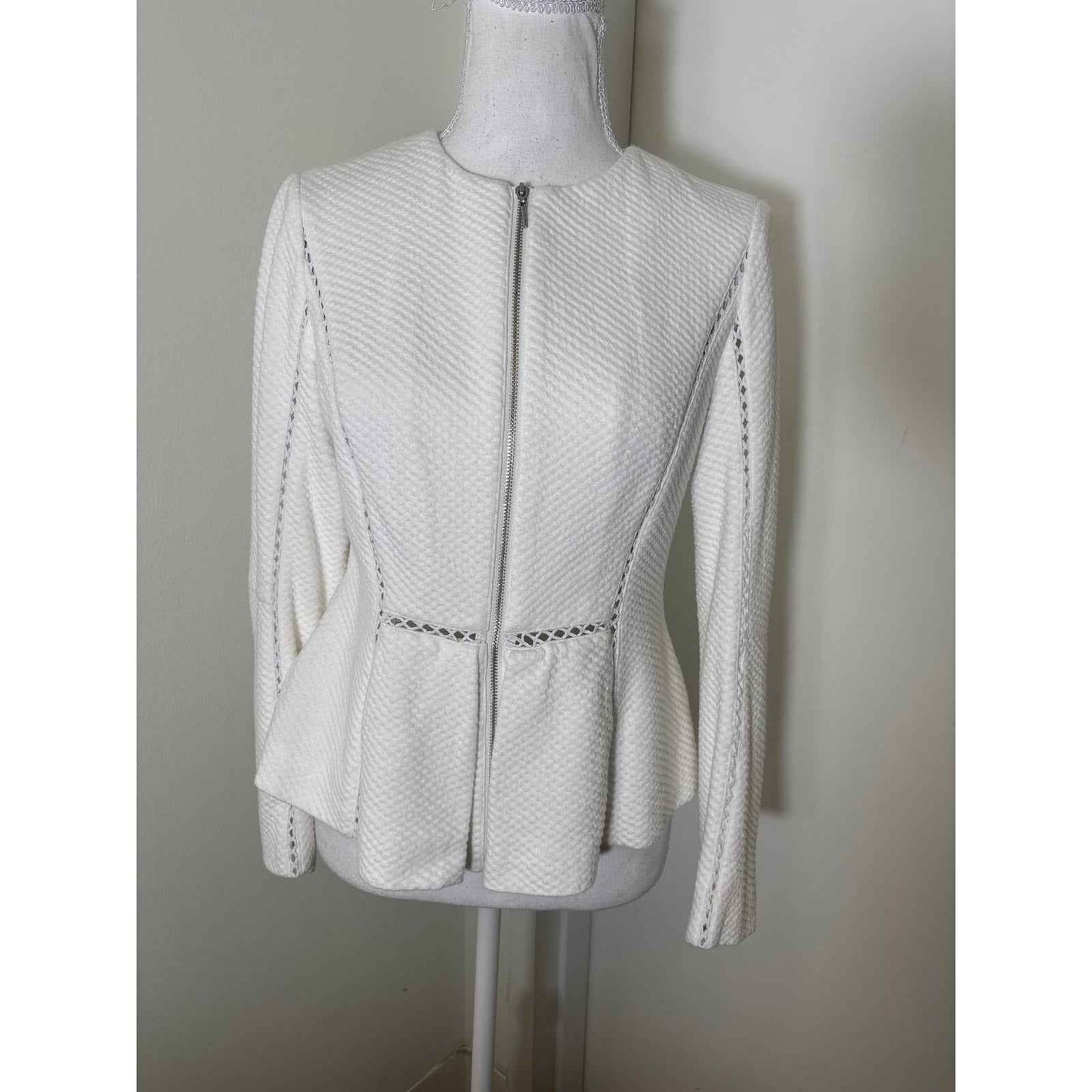 Rebecca Taylor White Long Sleeve Quilted Fitted Zip Up Jacket Sz 4