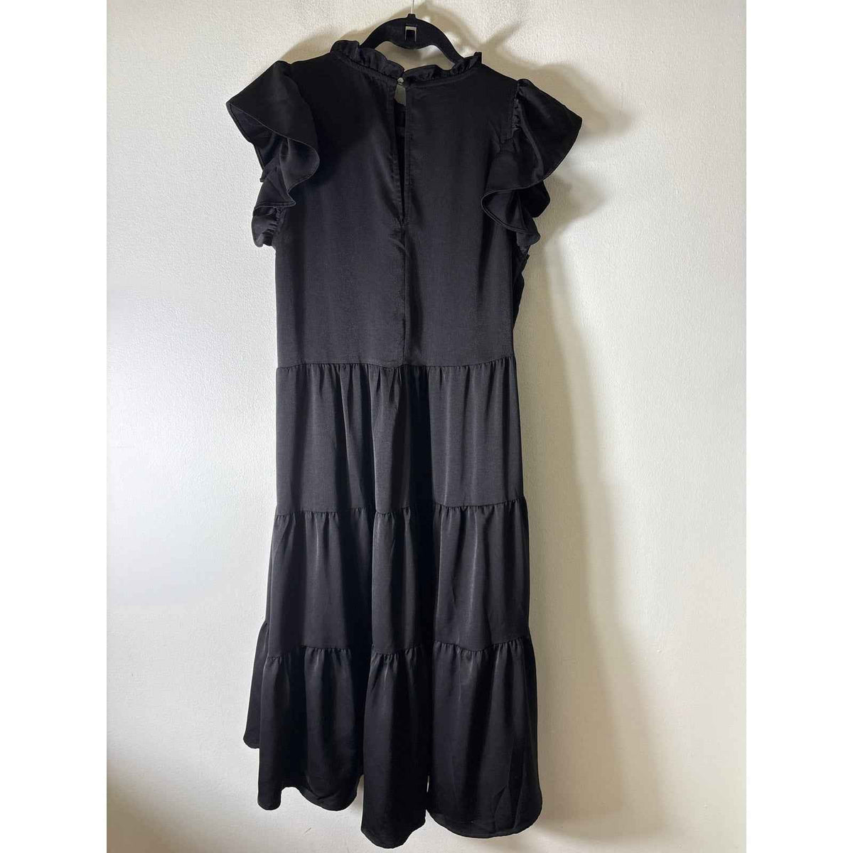 Pinch Black Flutter Sleeve High Collared Tiered Dress Sz L
