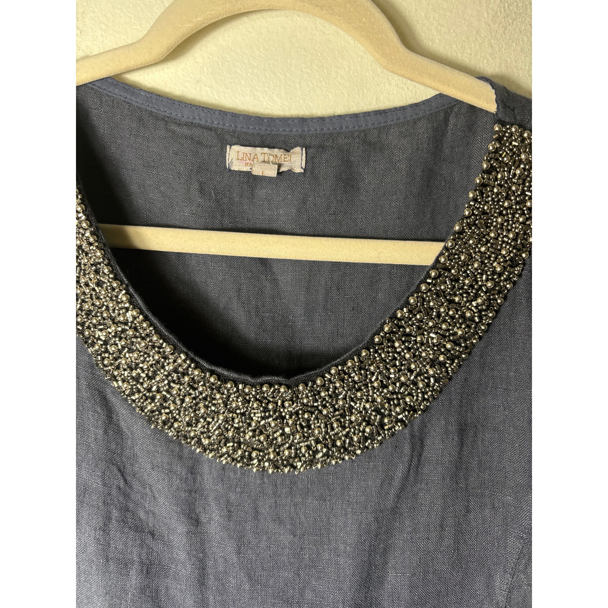 Lina Tomei Gray Linen Mixed Media Sleeveless Dress Sz L