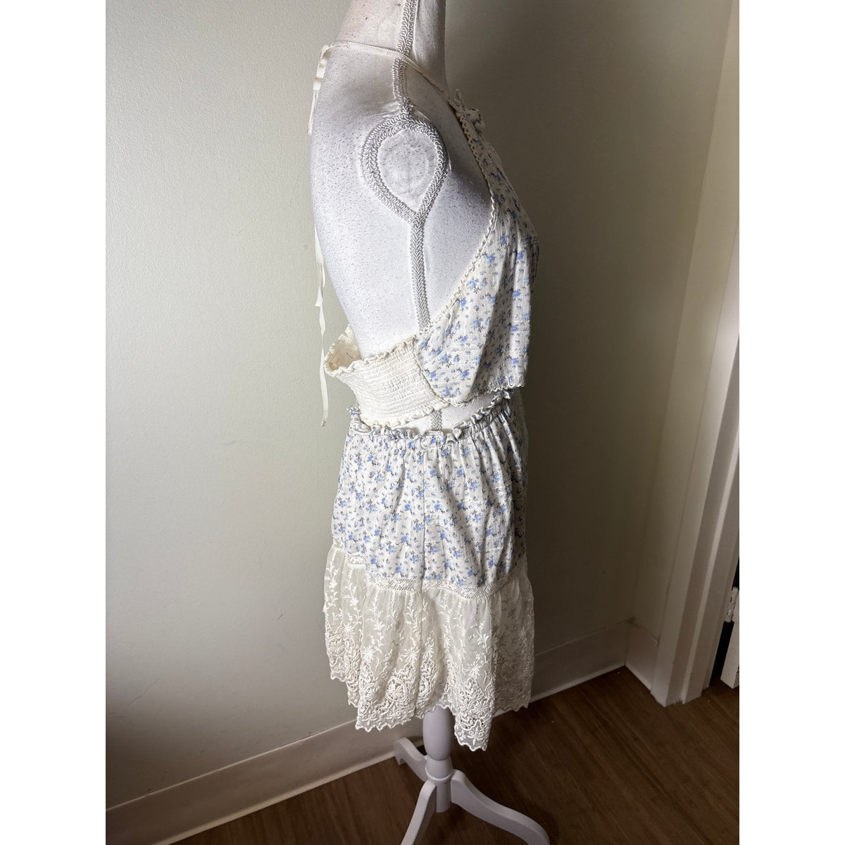 Love Shack Fancy Blue Floral Side Backless Cotton Dress Sz M
