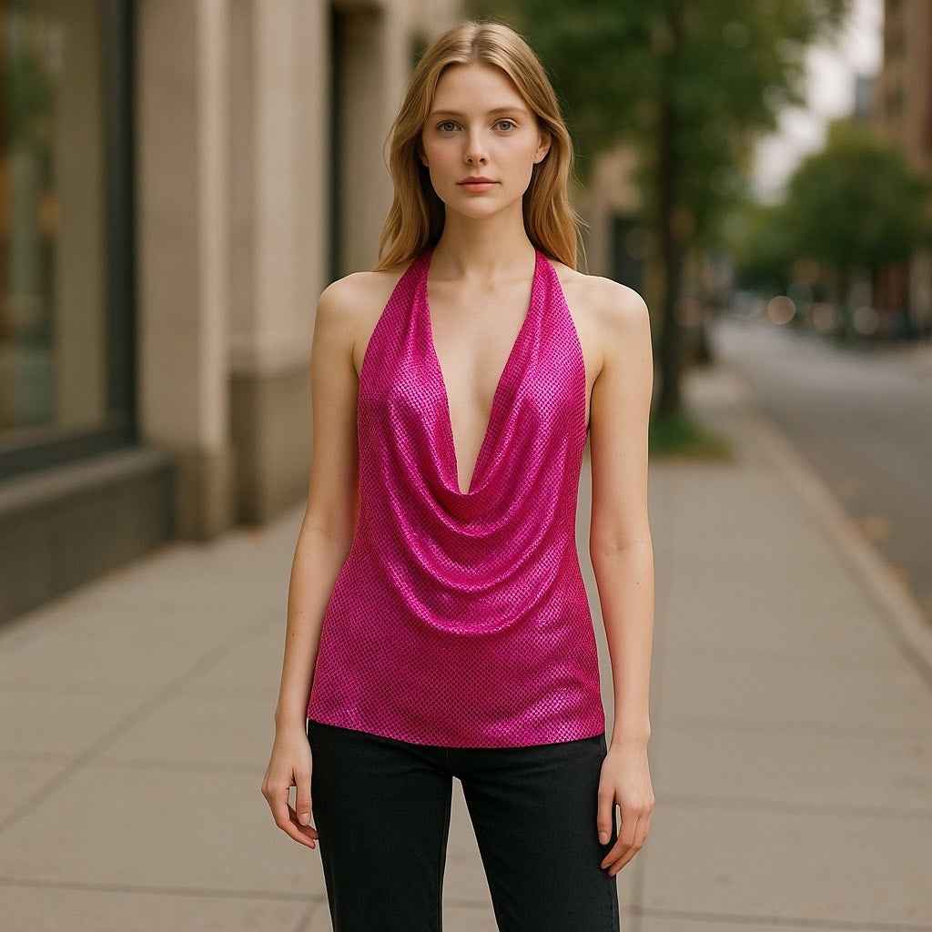 Amanda Uprichard Hot Pink Sequin Fishnet Halter Top Sz L