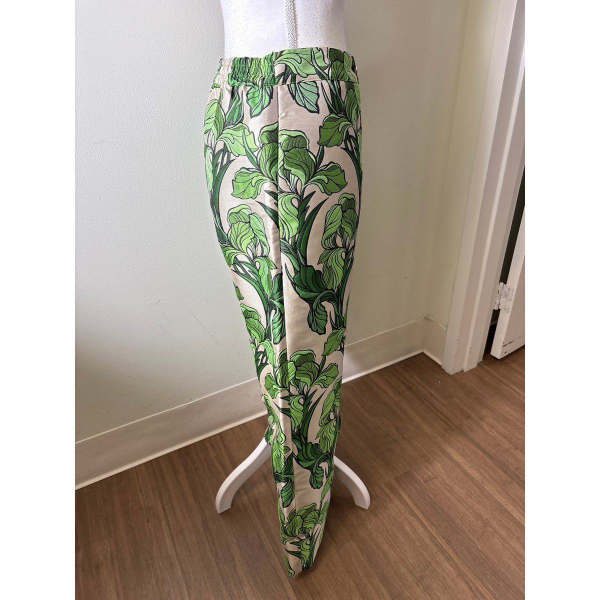 Buru Green and Beige Jacquard Leaf Vine Pant Sz S