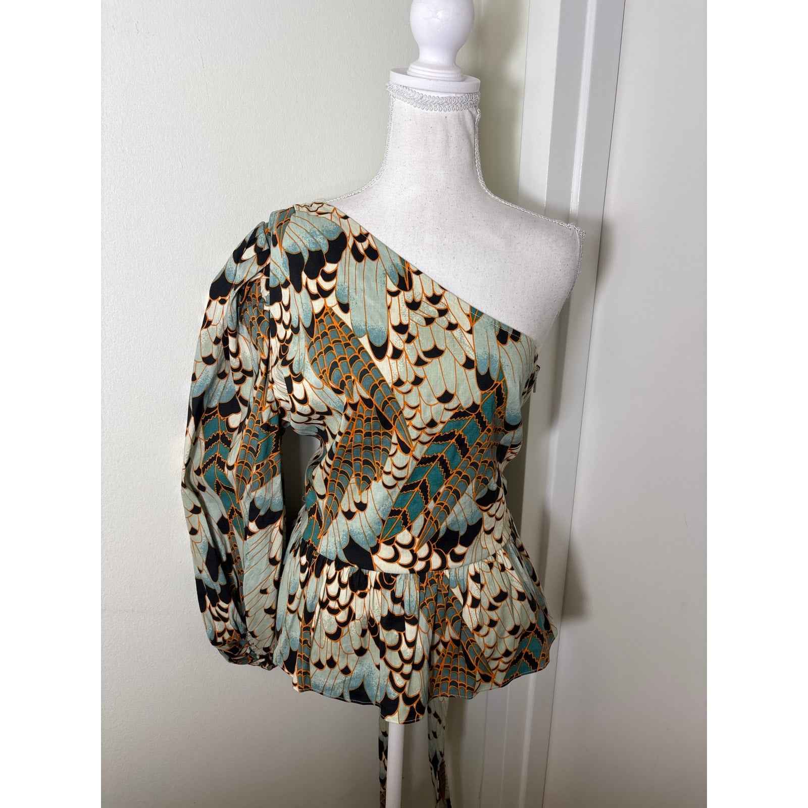 NWT Ted Baker Green and Black One Shoulder Peplum Top with Tie Waist Sz 4