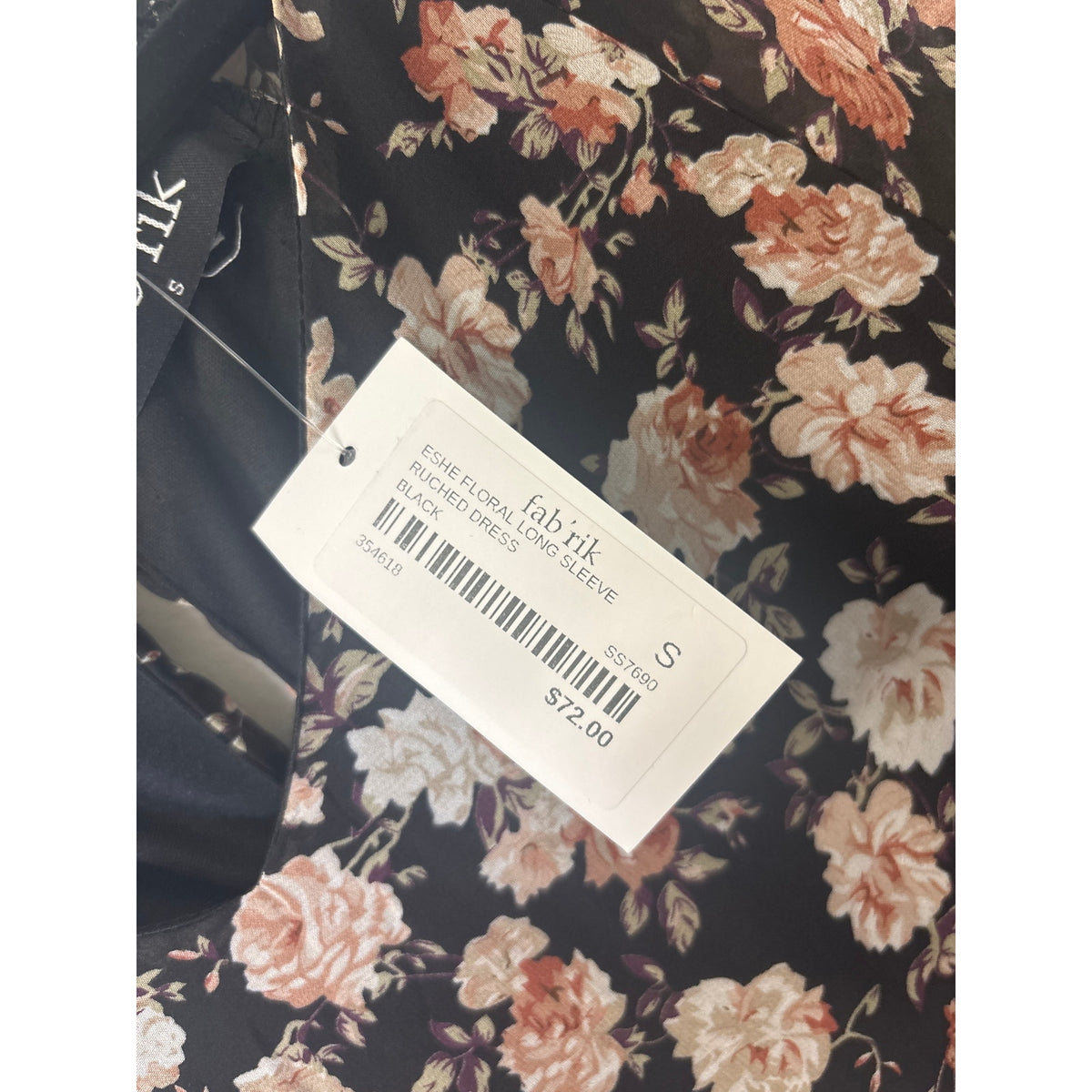 NWT Fab'rik Black Pink Eshe Floral Long Sleeve Ruched Dress Sz S