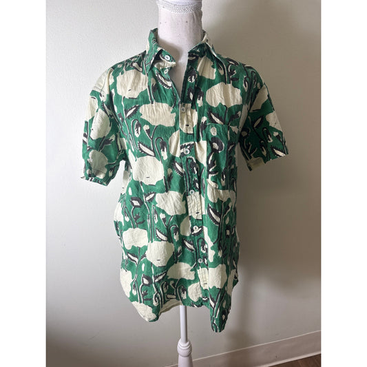 V.DE.VINSTER Green and White Cotton Print Short Sleeve Shirt Sz S