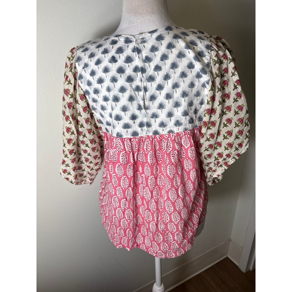 Emerson Fry / India Collection Pink and Blue Block Print Cotton Top  Sz S