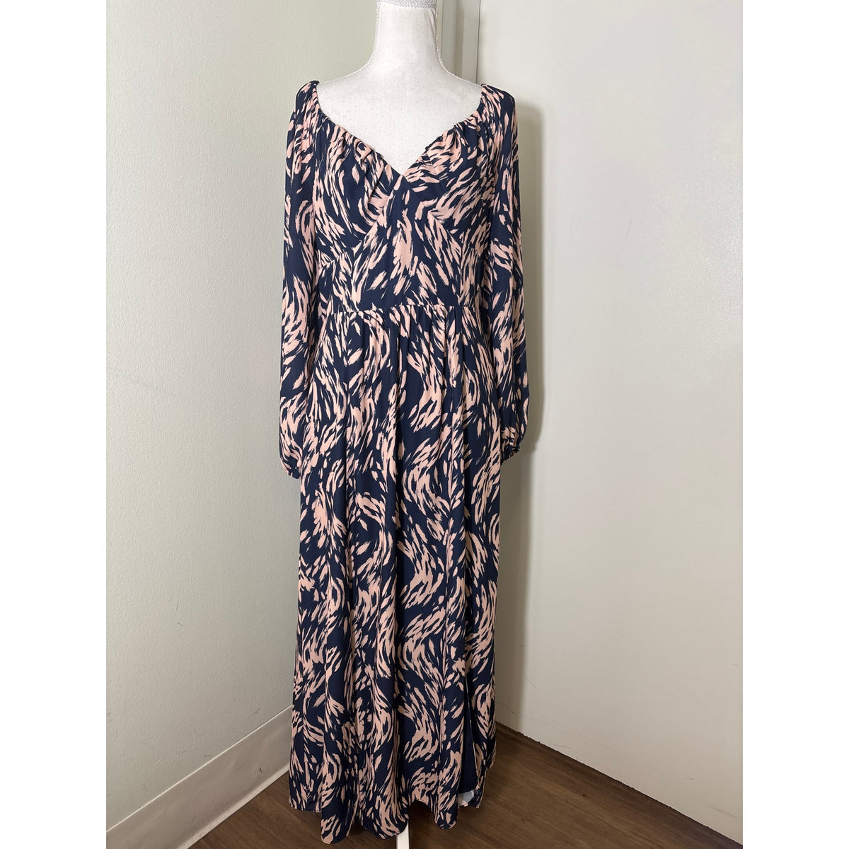 Ali & Jay Navy and Pink Long Sleeve V-Neck Maxi Dress Sz L