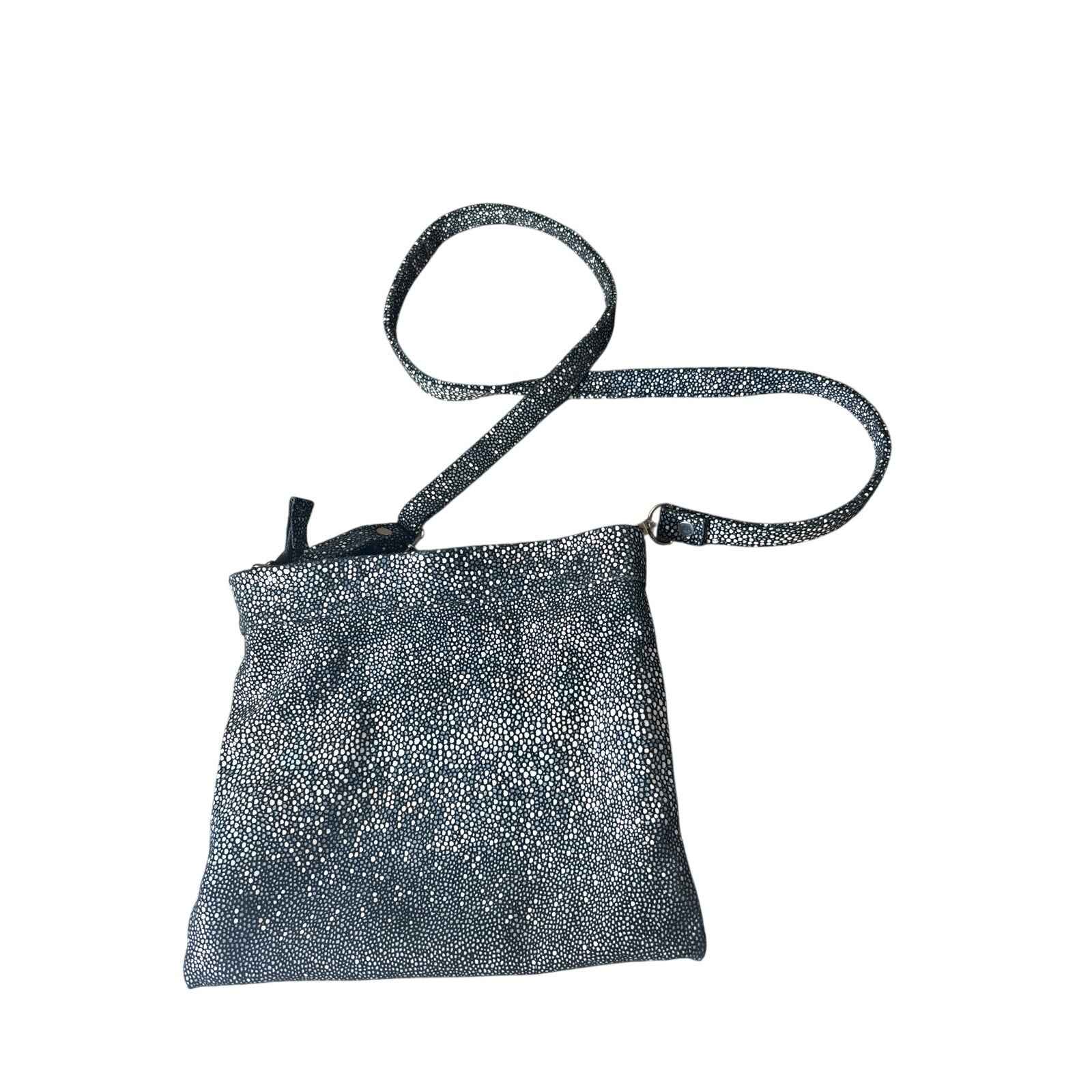 Cofi Genuine Leather Black Neutral Pebbled Dot Crossbody Bag 10.5"x11"