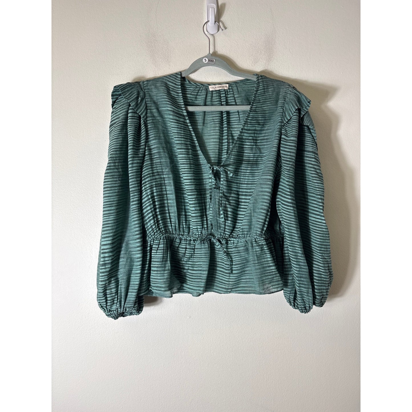 Ulla Johnson Green Black Stripe Long Sleeve Cotton Top Sz L