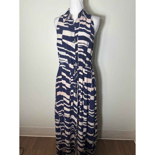 Trina Turk Navy Blue and White Print Silk Sleeveless Maxi Dress sz M