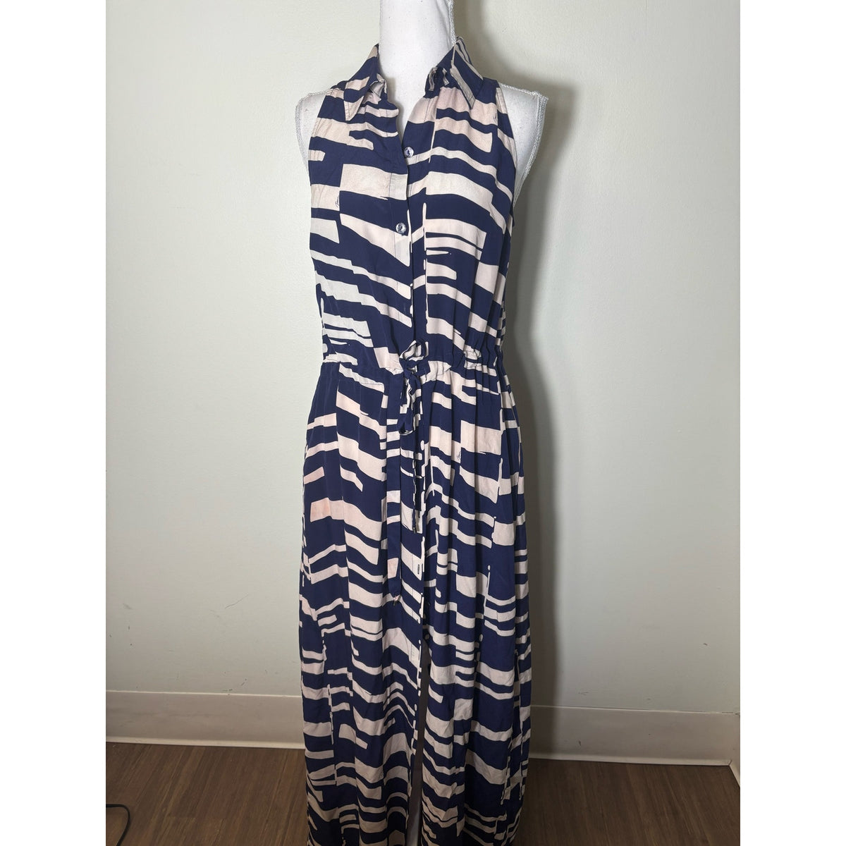 Trina Turk Navy Blue and White Print Silk Sleeveless Maxi Dress sz M