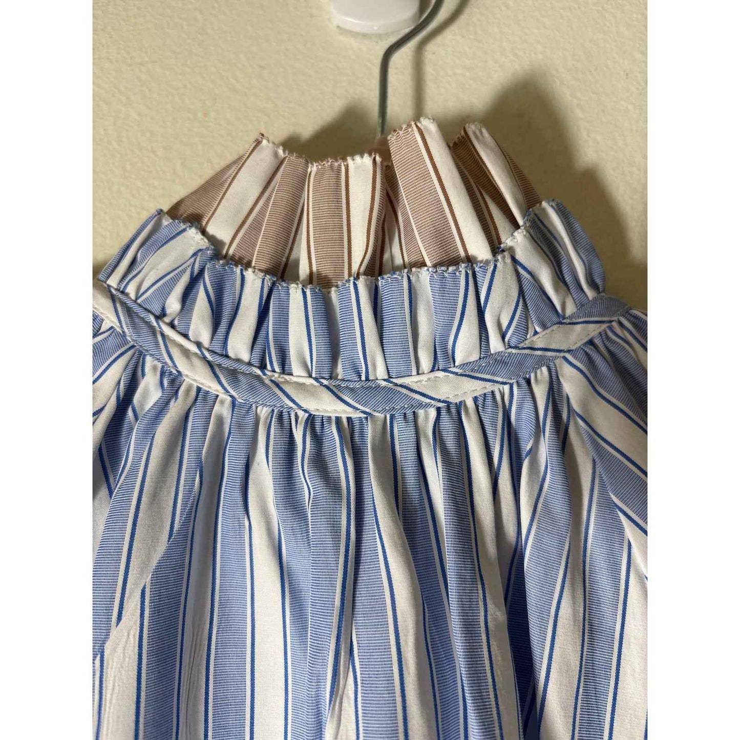 Sundays Blue Tan Stripe Cap Sleeve Button Up Ruffled High Collar Sz S