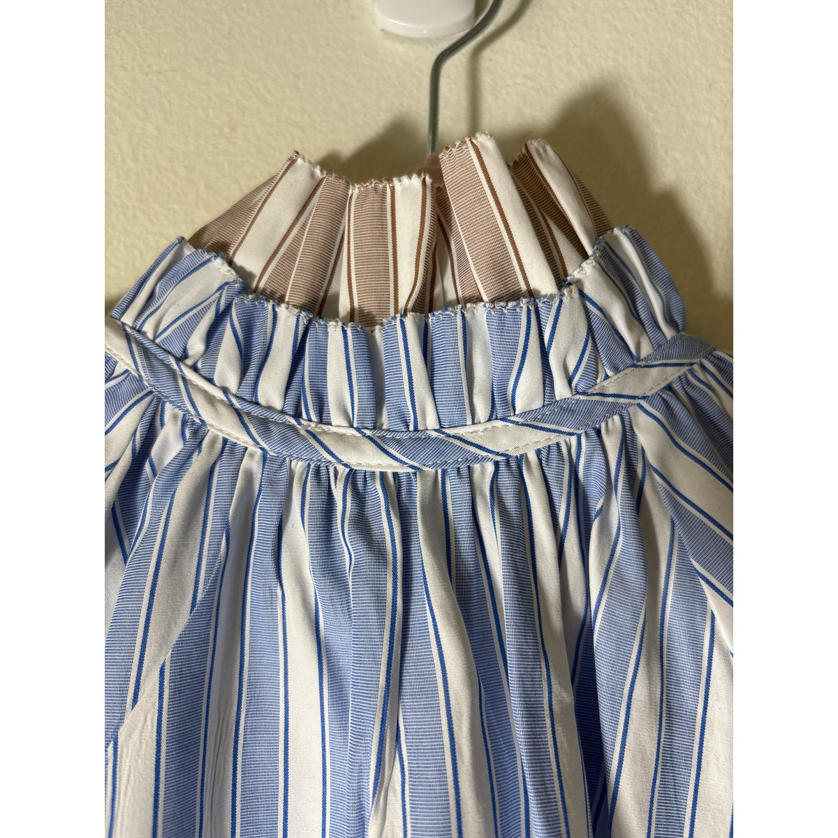 Sundays Blue Tan Stripe Cap Sleeve Button Up Ruffled High Collar Sz S