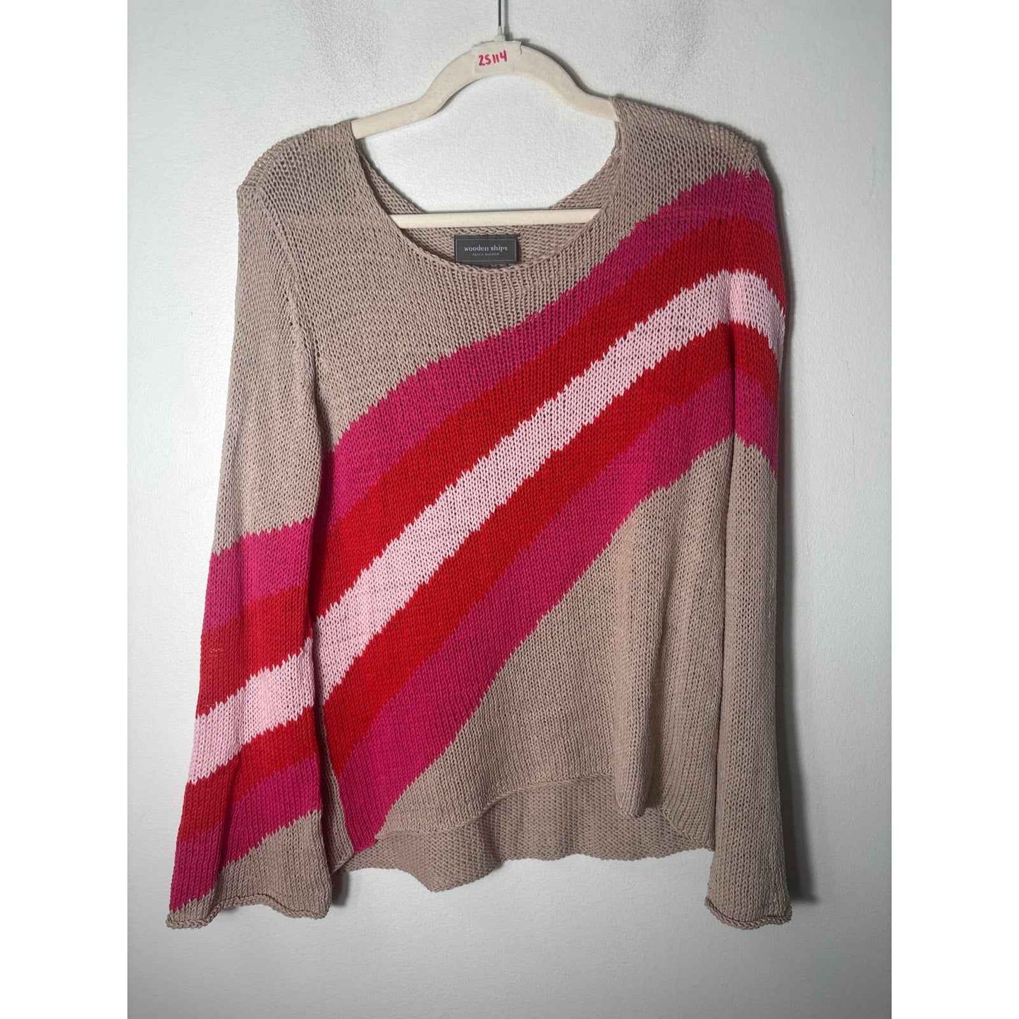 Wooden Ships Khaki w Orange and Pink Diagnol Stripes Sz S/M
