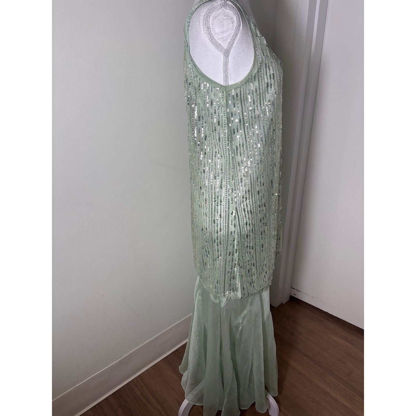 Endless Rose Sheer Light Green Sheer Sequin Overlay Maxi Dress Sz XS