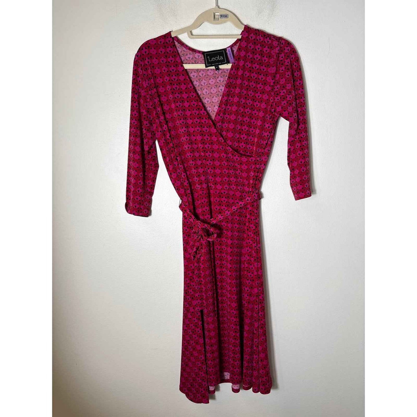 Leota Red Magenta Long Sleeve Faux Wrap A-Line Midi Dress Sz M