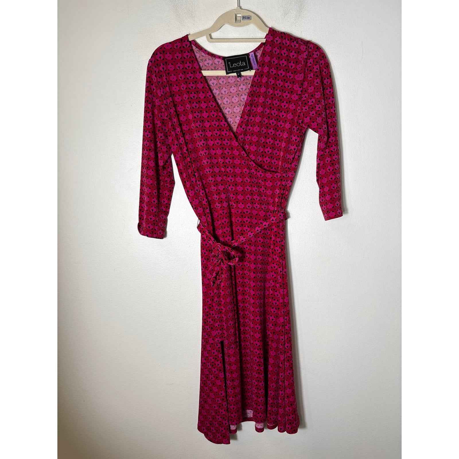 Leota Red Magenta Long Sleeve Faux Wrap A-Line Midi Dress Sz M