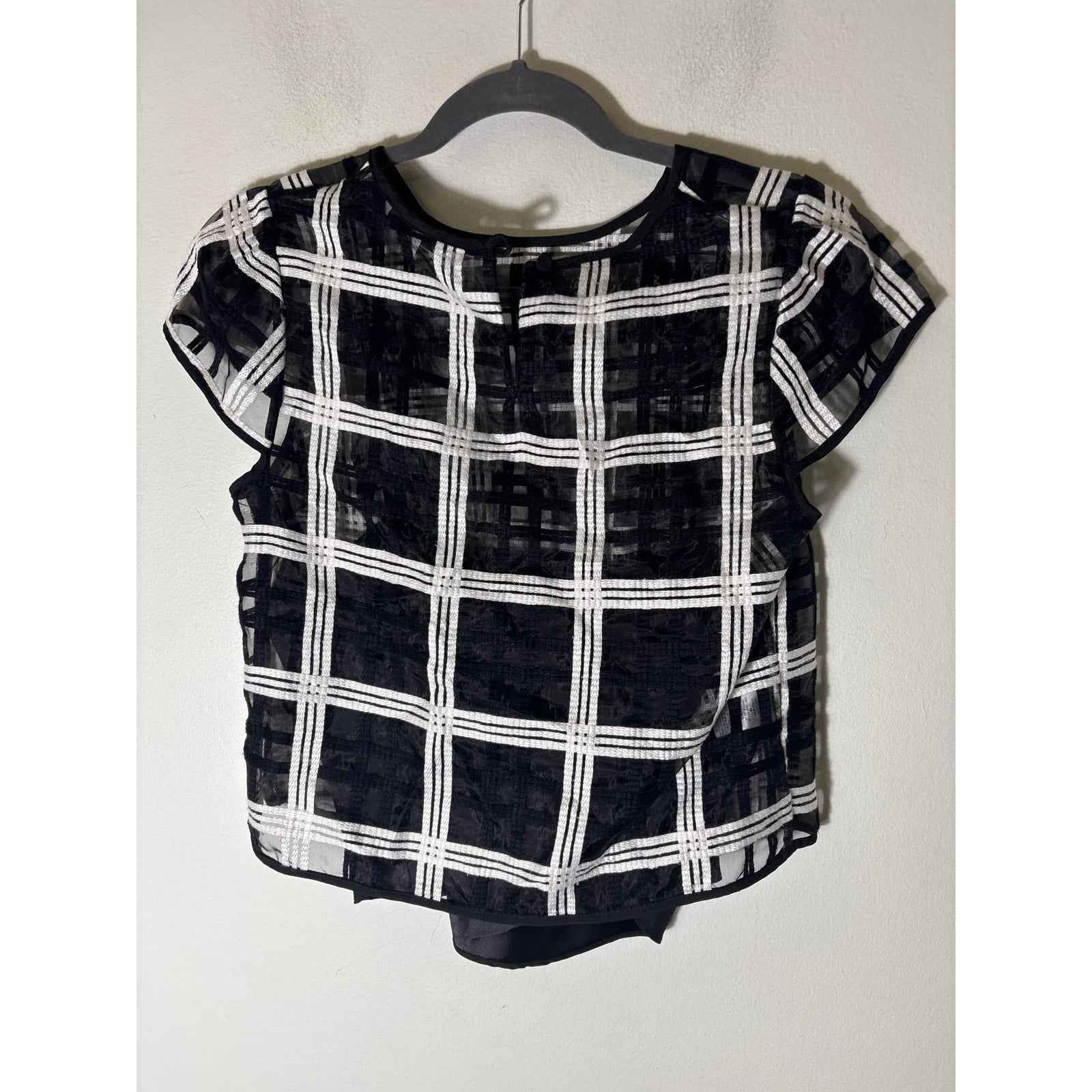 Milly Black White Large Plaid Sheer Short Sleeve Top Sz 6