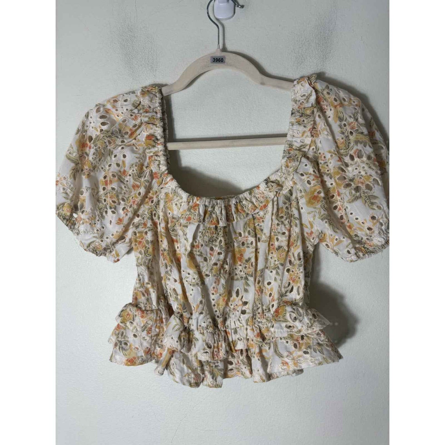 En Saison Off White Floral Eyelet Puff Sleeve Halter Top Sz M