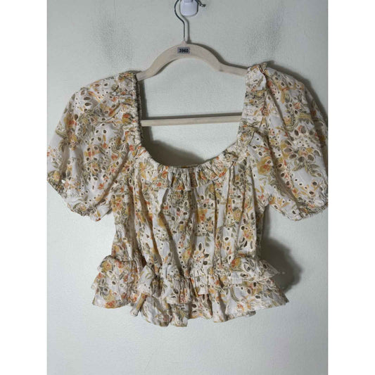 En Saison Off White Floral Eyelet Puff Sleeve Halter Top Sz M