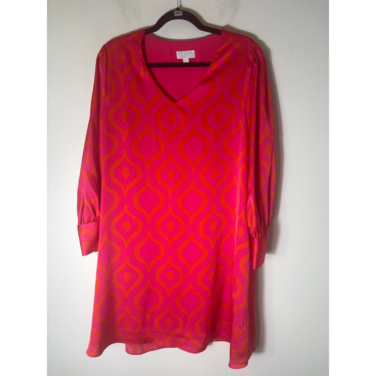 SCAPA Lauren Perre Hot Pink Orange Long Sleeve Trapeze Dress Sz M